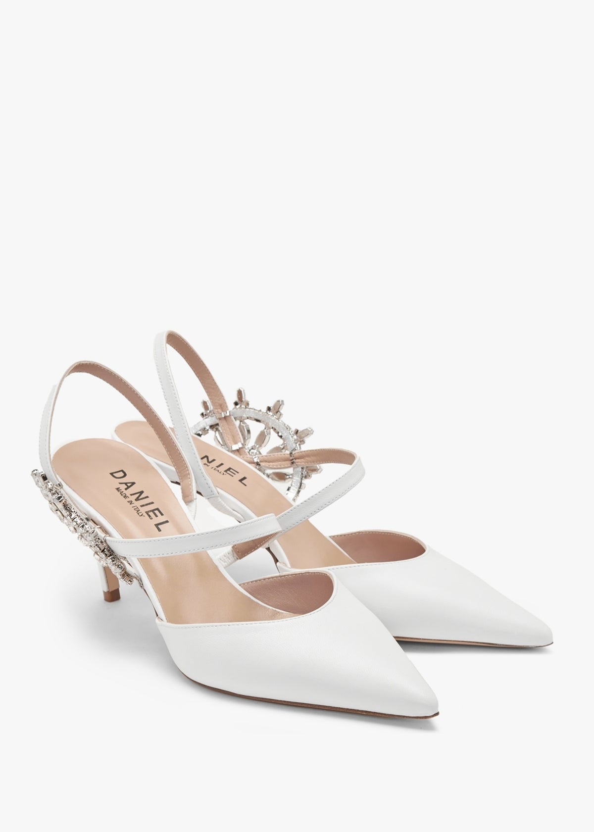 Tidy White Leather Jewelled Heel Pumps