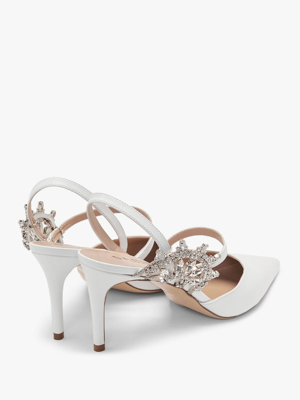Tidy White Leather Jewelled Heel Pumps