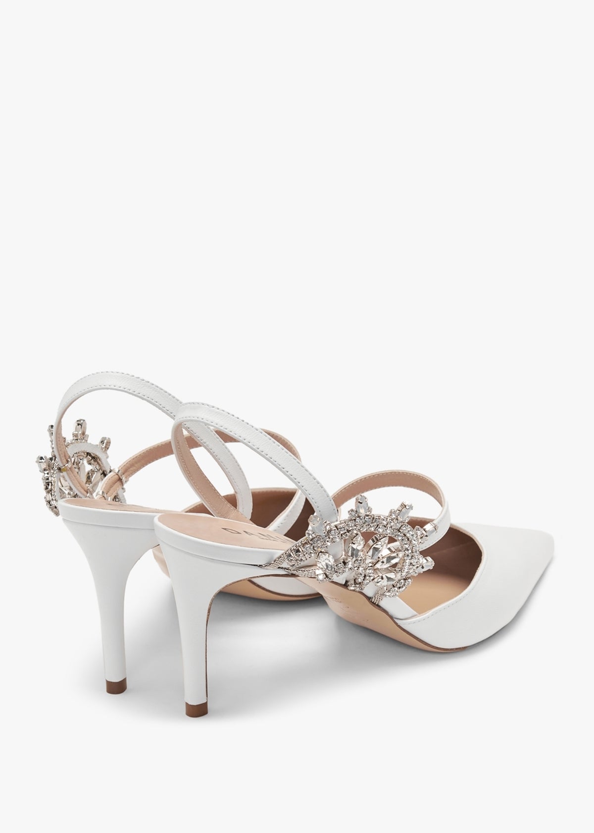 Tidy White Leather Jewelled Heel Pumps