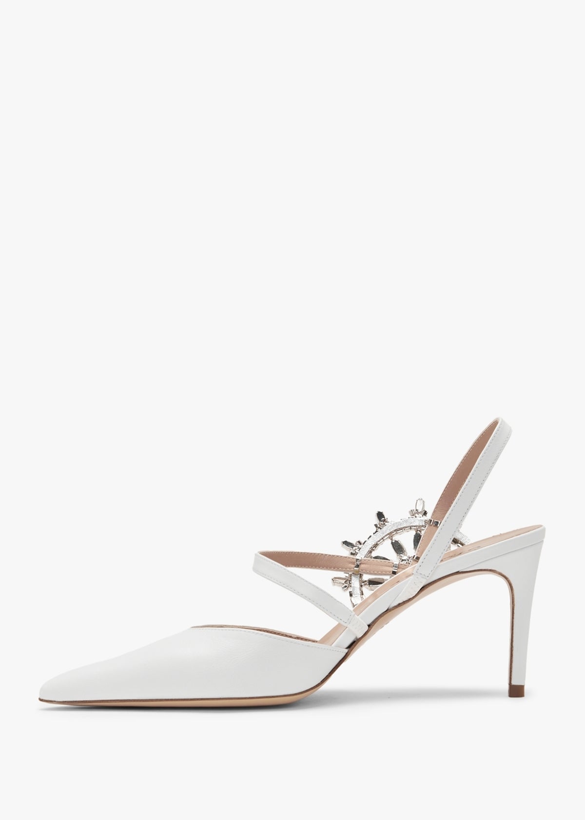 Tidy White Leather Jewelled Heel Pumps