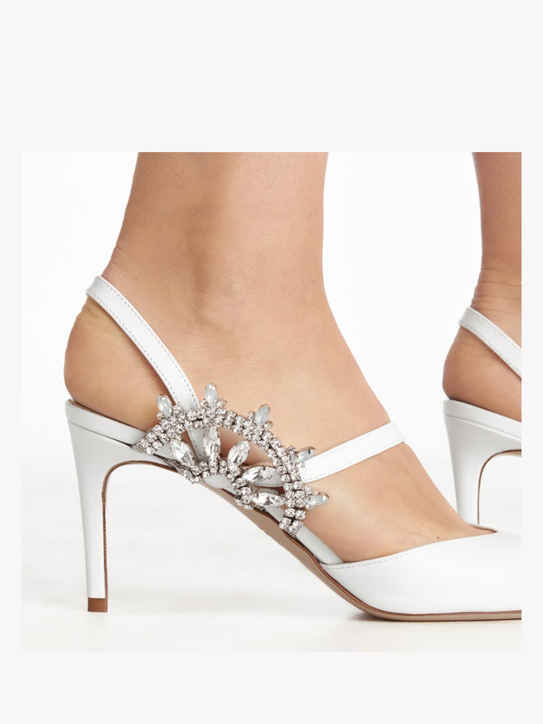 Tidy White Leather Jewelled Heel Pumps