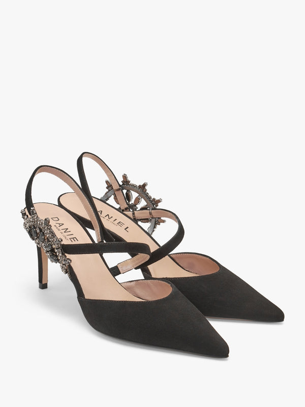 Tidy Black Suede Jewelled Heel Pumps