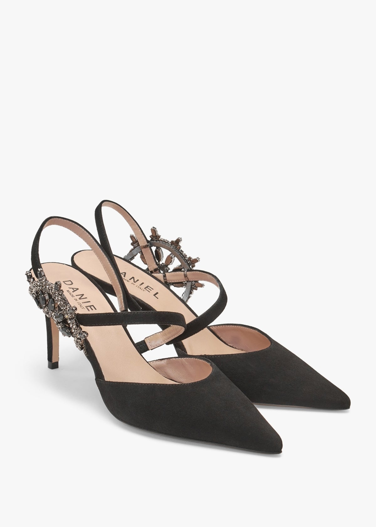 Tidy Black Suede Jewelled Heel Pumps