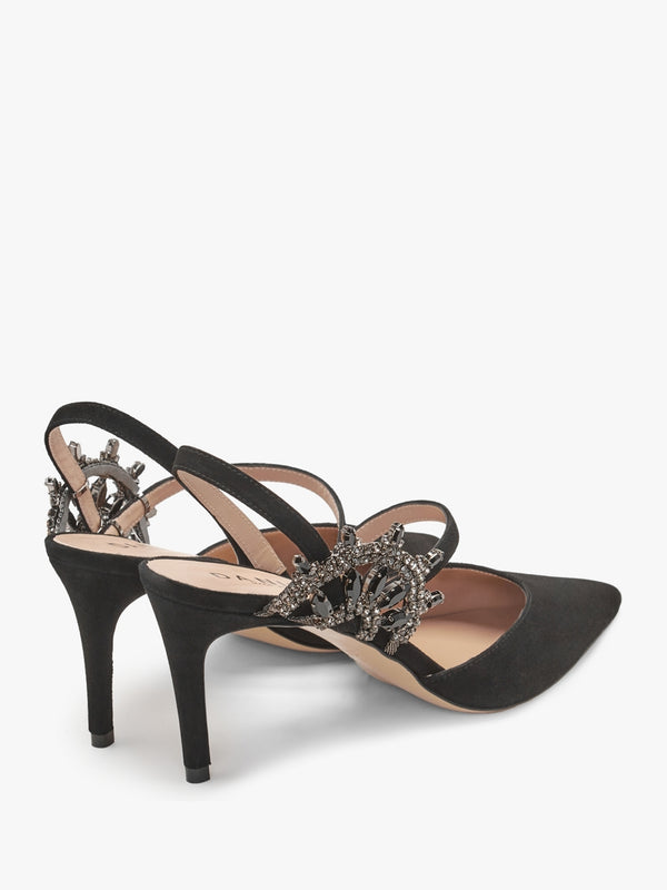 Tidy Black Suede Jewelled Heel Pumps