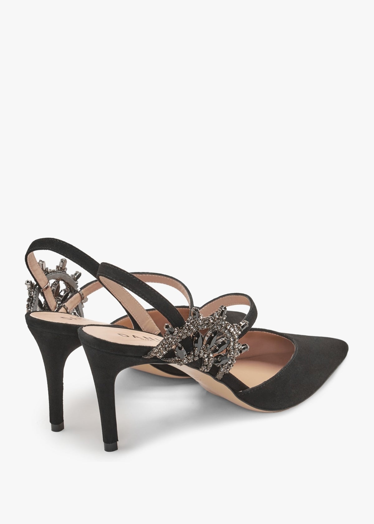 Tidy Black Suede Jewelled Heel Pumps