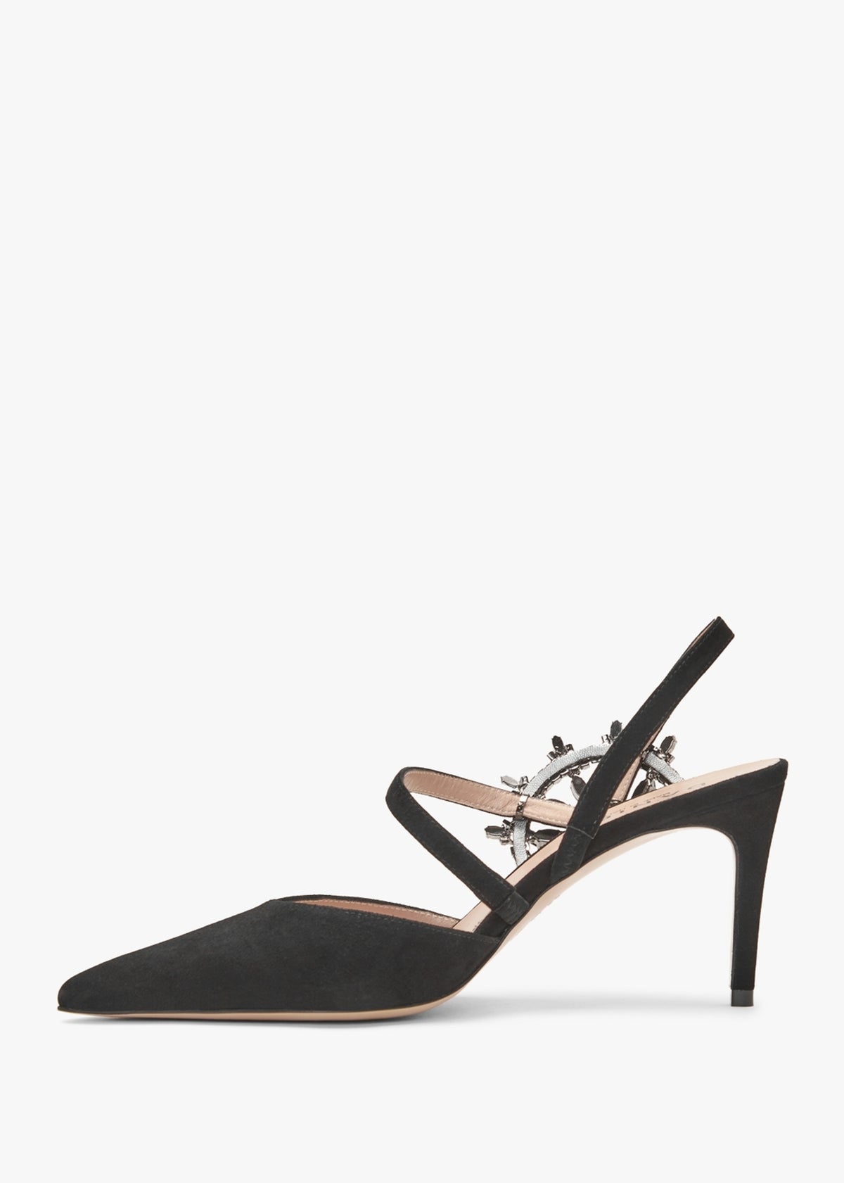 Tidy Black Suede Jewelled Heel Pumps