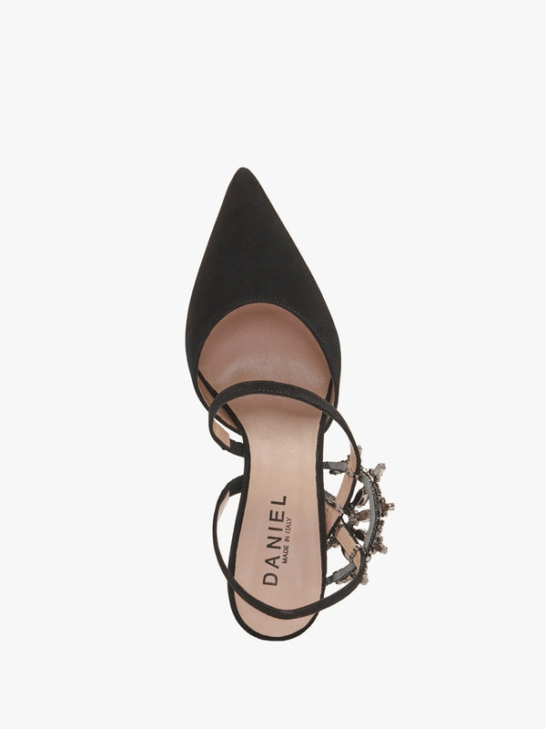 Tidy Black Suede Jewelled Heel Pumps