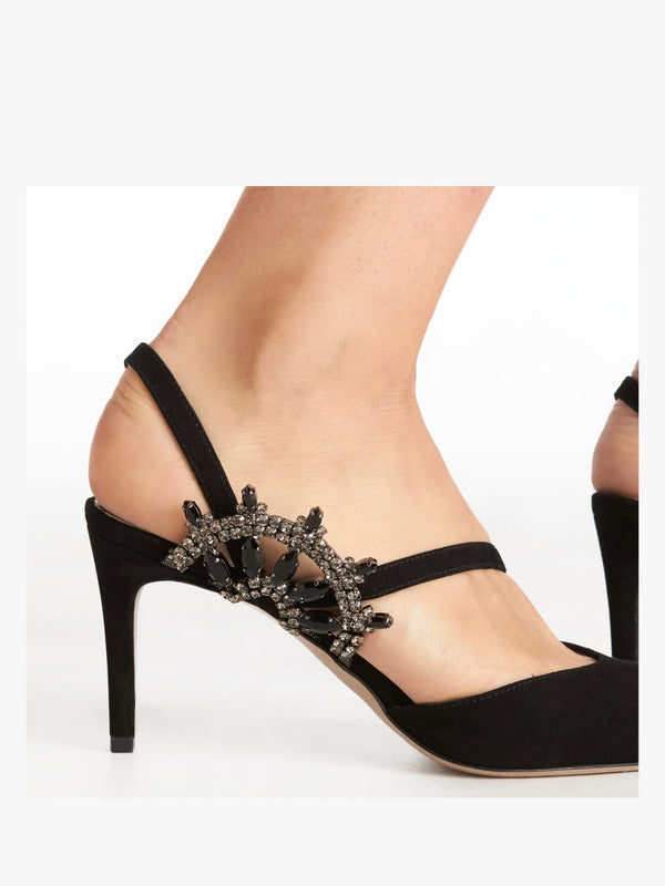 Tidy Black Suede Jewelled Heel Pumps