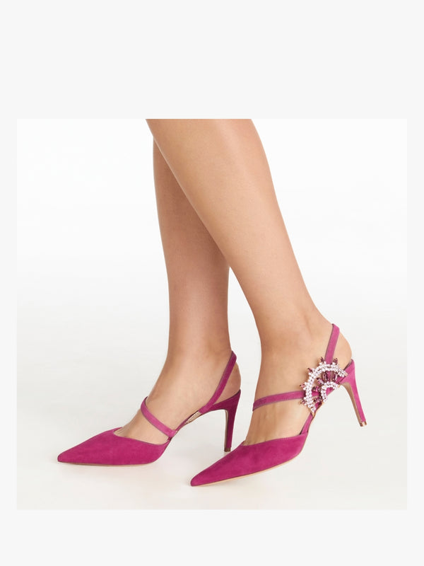 Tidy Fuchsia Suede Jewelled Heel Pumps
