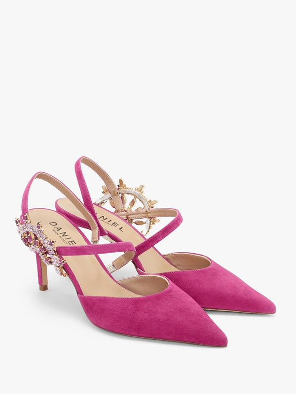 Tidy Fuchsia Suede Jewelled Heel Pumps