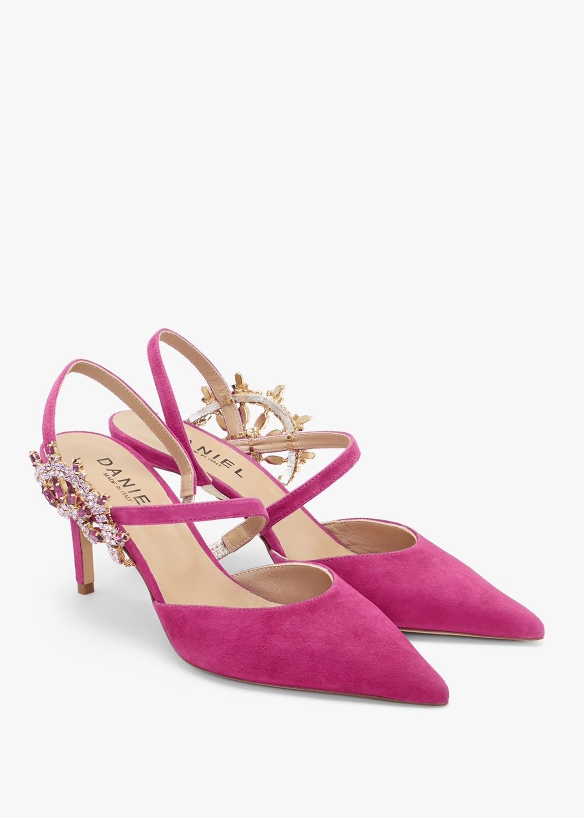 Tidy Fuchsia Suede Jewelled Heel Pumps