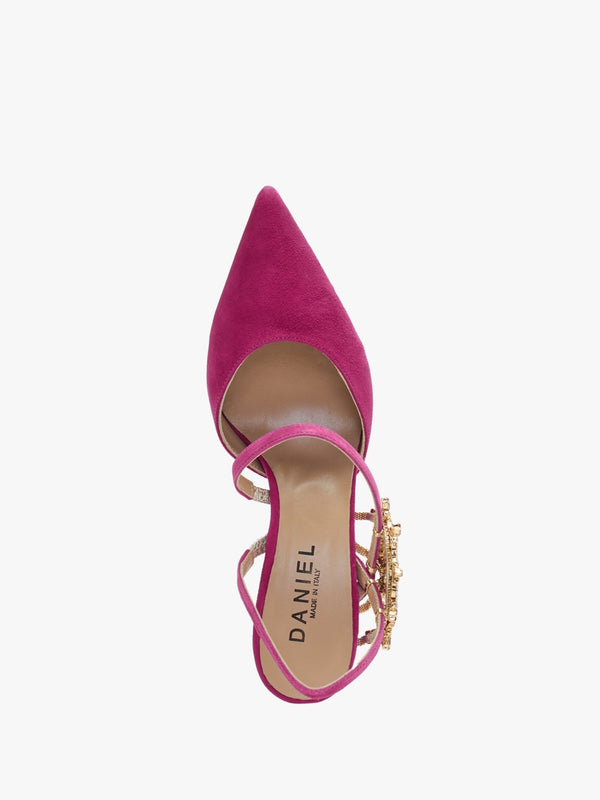 Tidy Fuchsia Suede Jewelled Heel Pumps