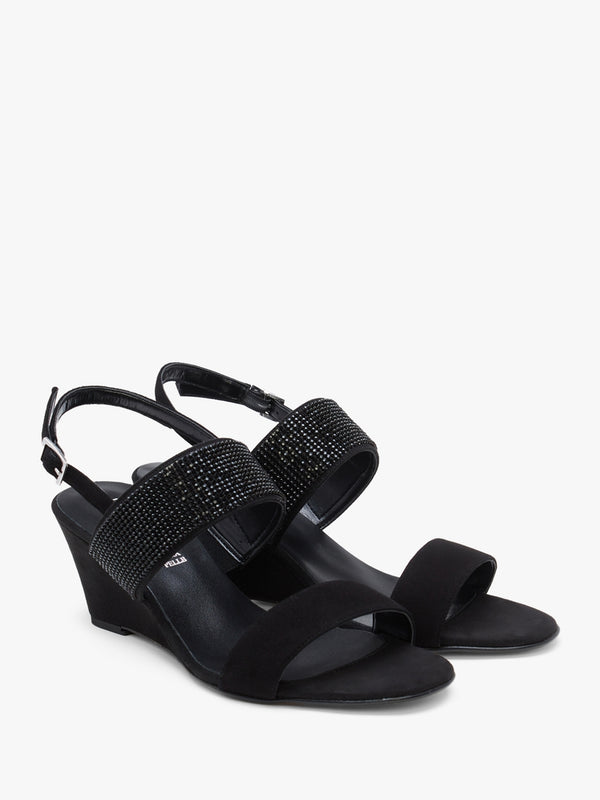 Lia Black Suede Diamante Low Wedge Sandals