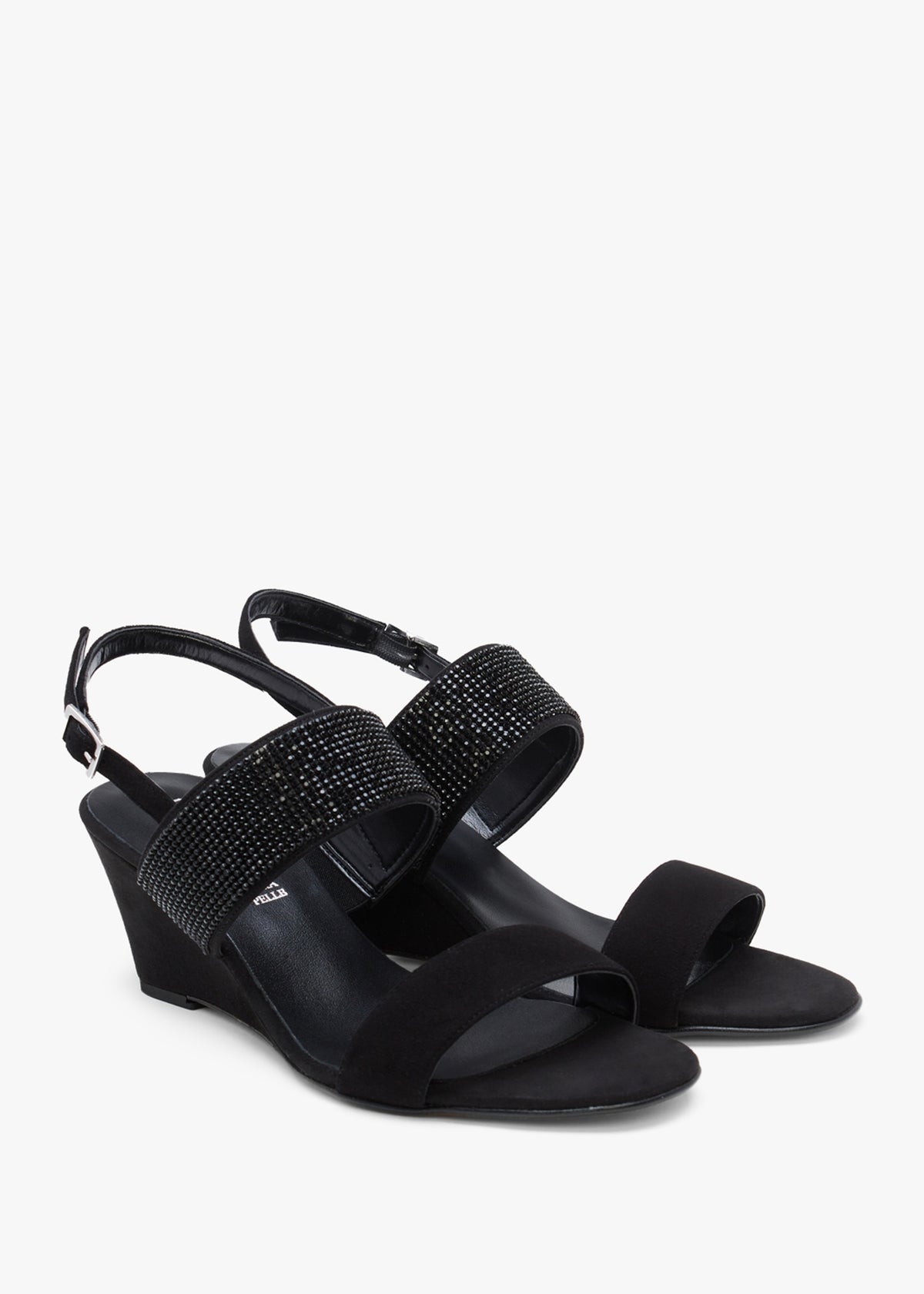 Lia Black Suede Diamante Low Wedge Sandals