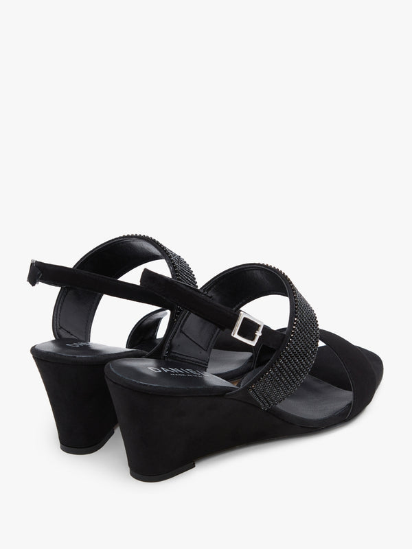 Lia Black Suede Diamante Low Wedge Sandals
