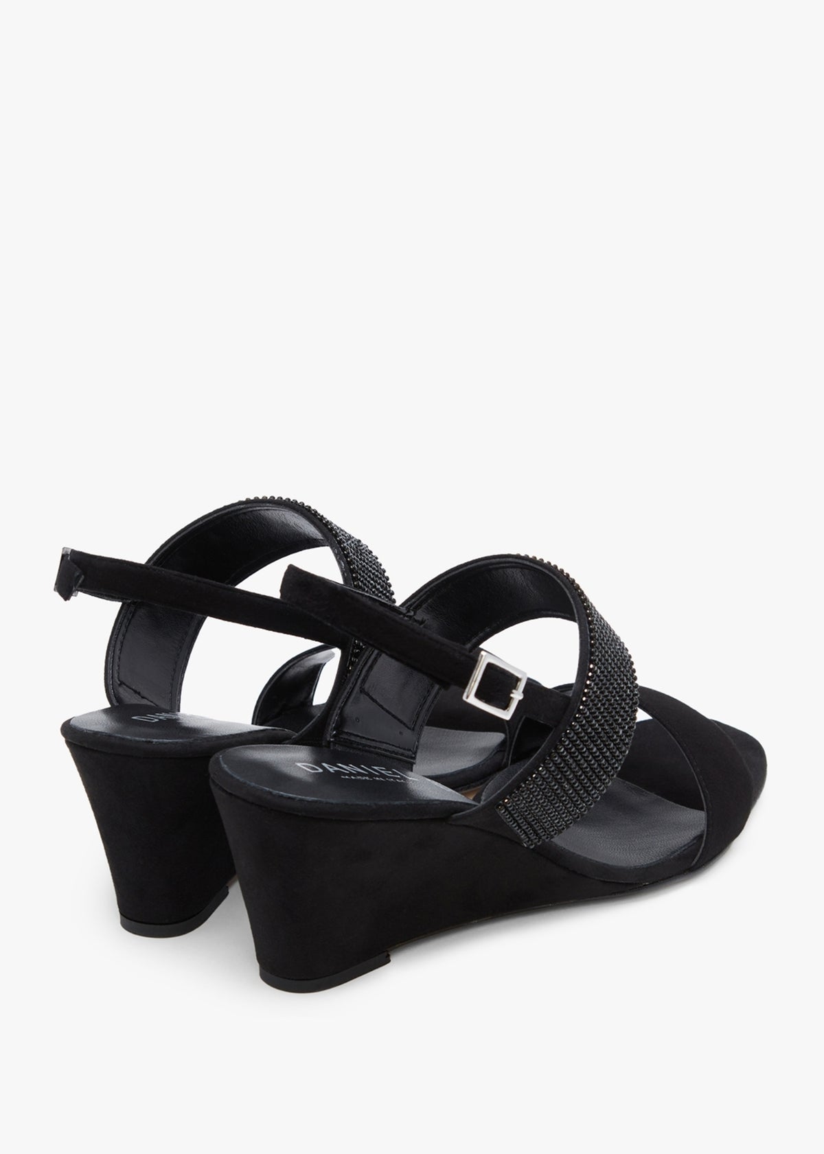 Lia Black Suede Diamante Low Wedge Sandals