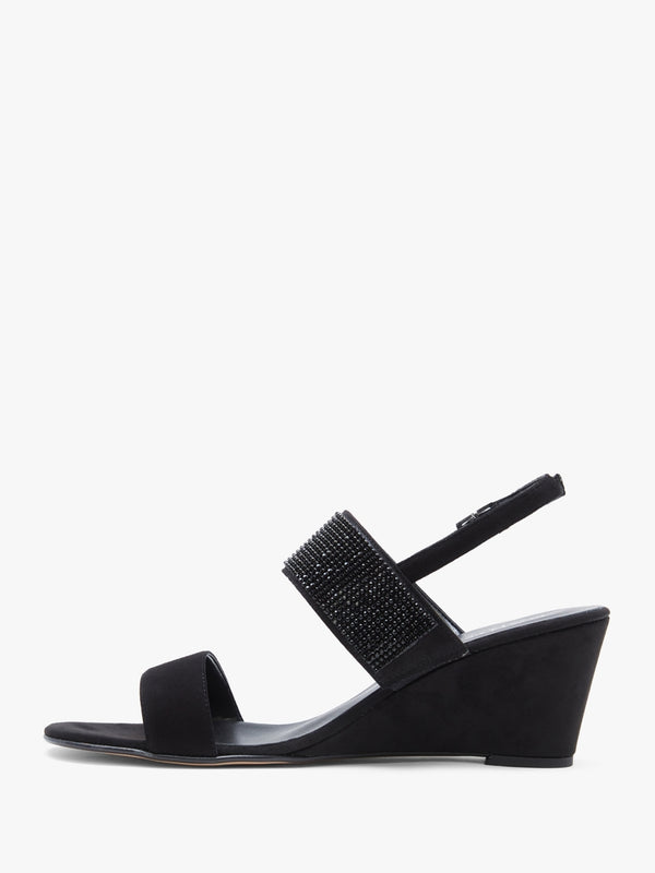 Lia Black Suede Diamante Low Wedge Sandals