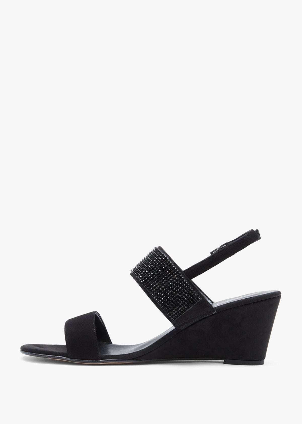 Lia Black Suede Diamante Low Wedge Sandals