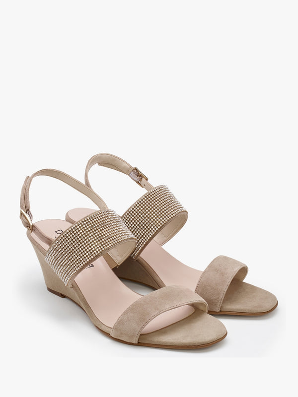 Lia Beige Suede Diamante Low Wedge Sandals