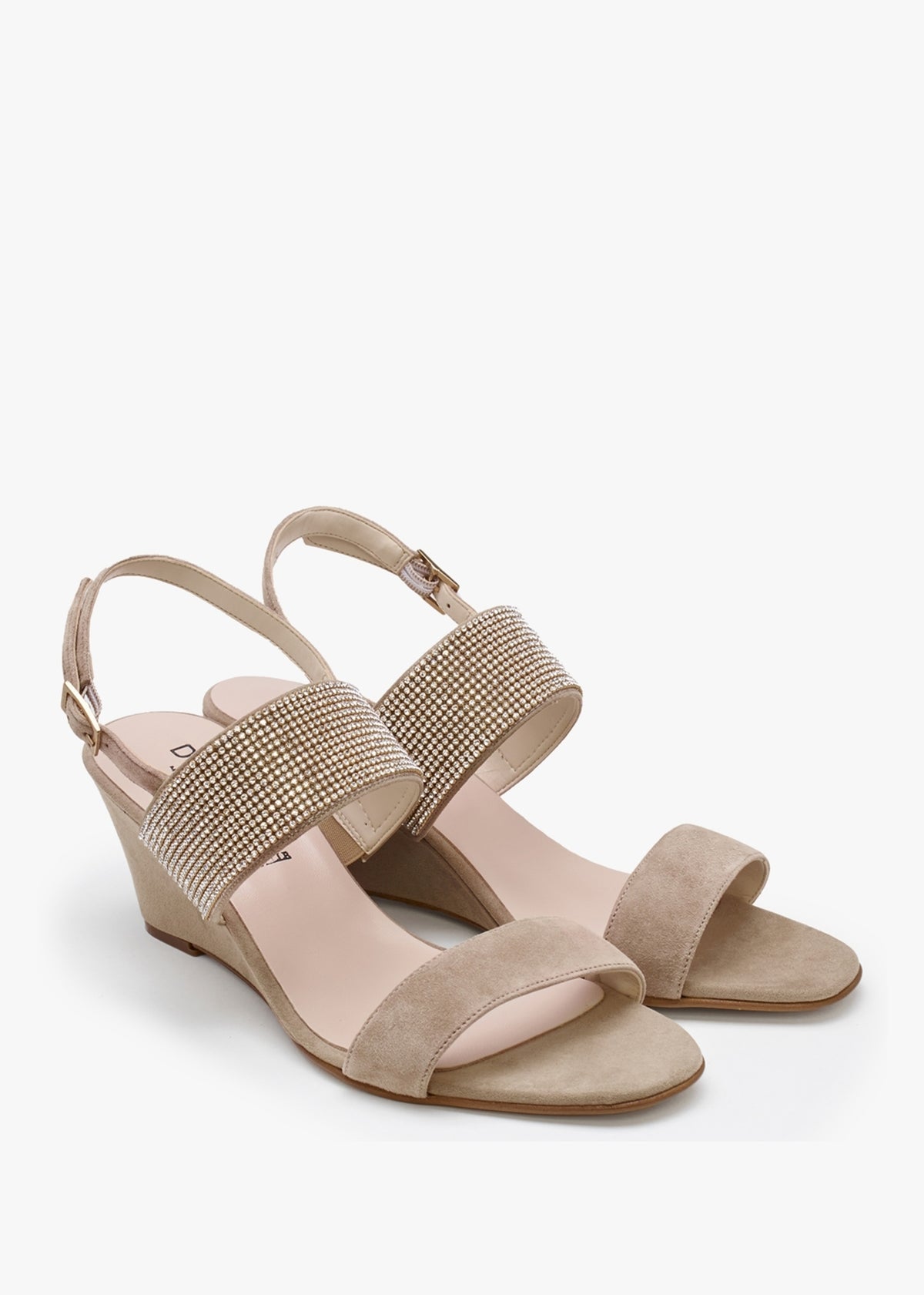 Lia Beige Suede Diamante Low Wedge Sandals