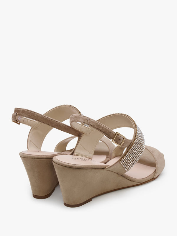 Lia Beige Suede Diamante Low Wedge Sandals