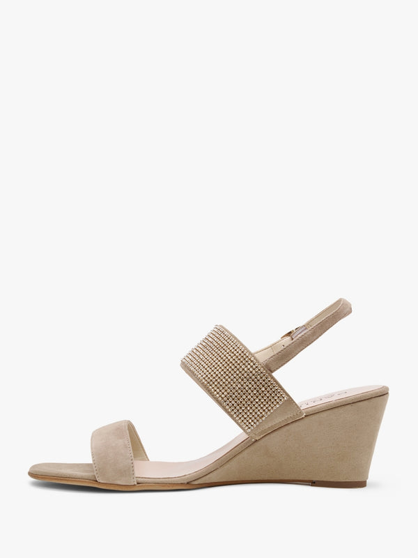 Lia Beige Suede Diamante Low Wedge Sandals