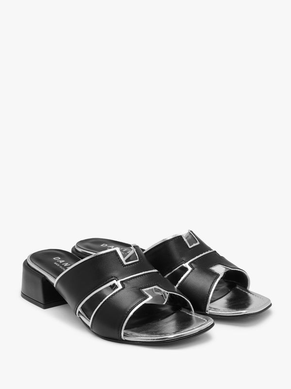 Luna Black Leather Metallic Trim Block Heel Mules