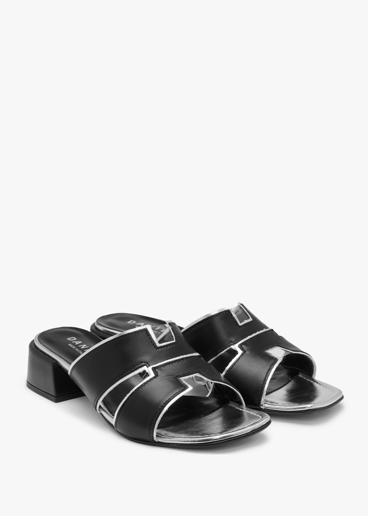Luna Black Leather Metallic Trim Block Heel Mules