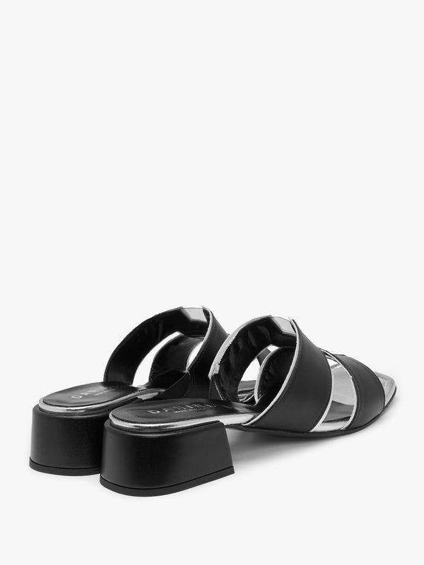 Luna Black Leather Metallic Trim Block Heel Mules