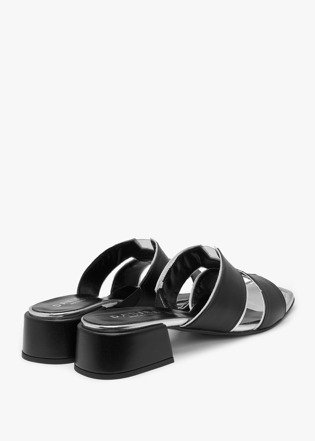 Luna Black Leather Metallic Trim Block Heel Mules
