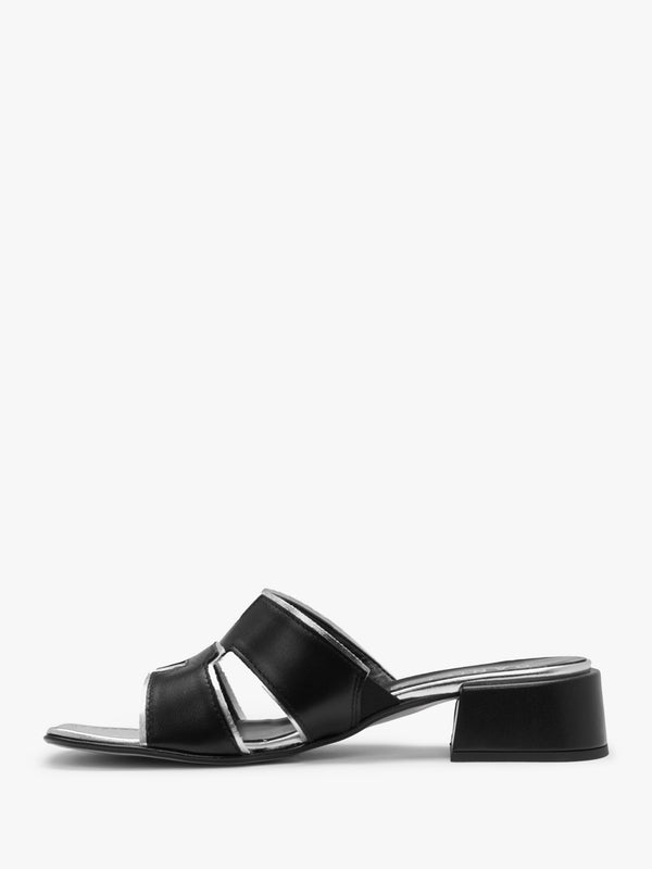 Luna Black Leather Metallic Trim Block Heel Mules