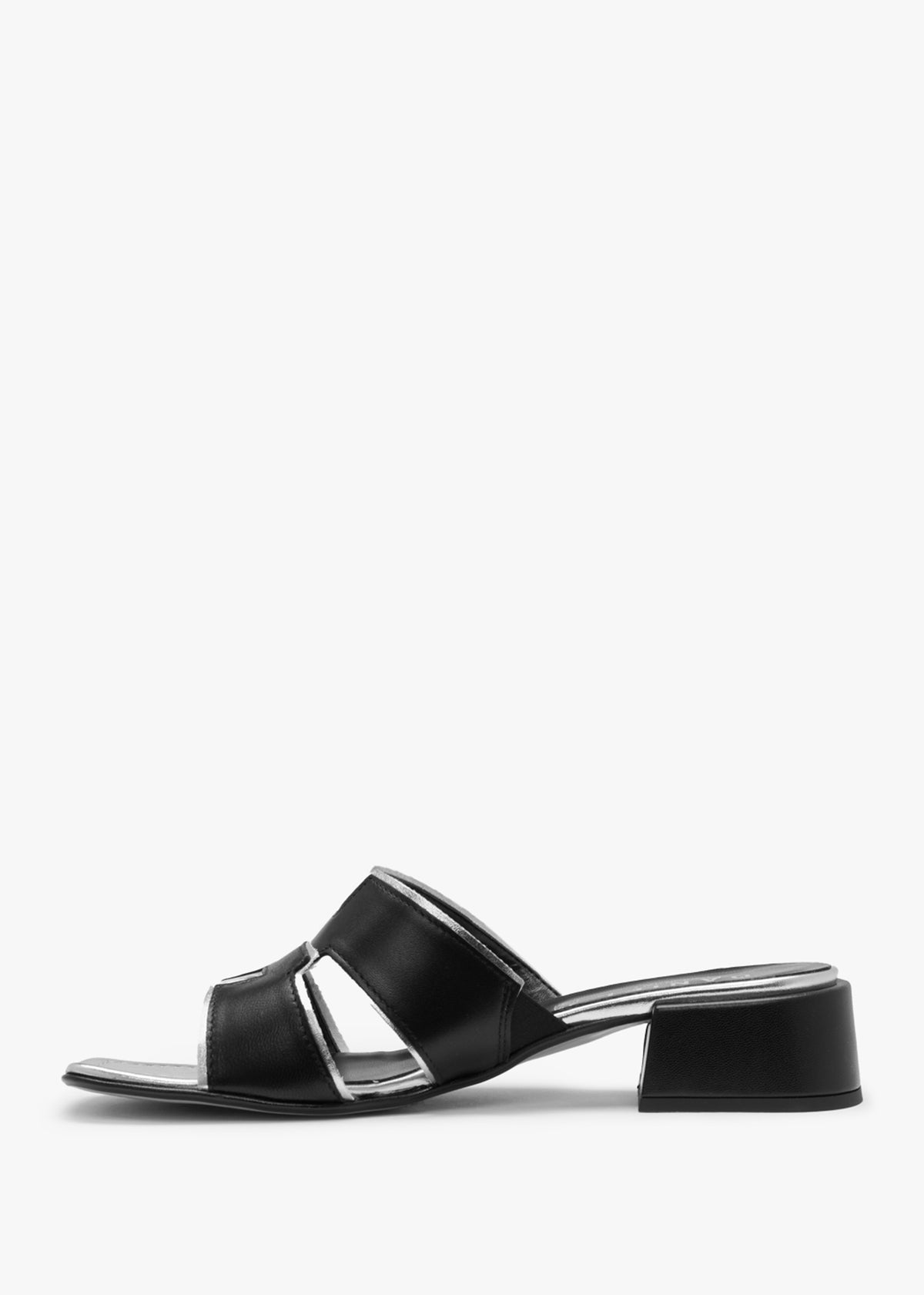 Luna Black Leather Metallic Trim Block Heel Mules