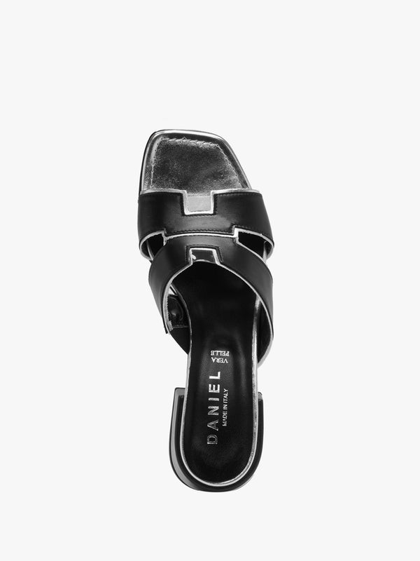 Luna Black Leather Metallic Trim Block Heel Mules