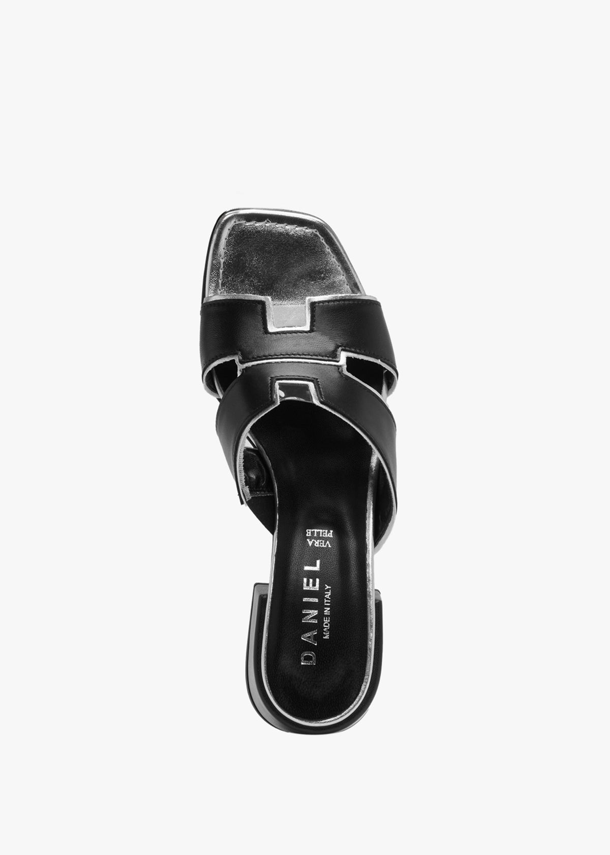 Luna Black Leather Metallic Trim Block Heel Mules