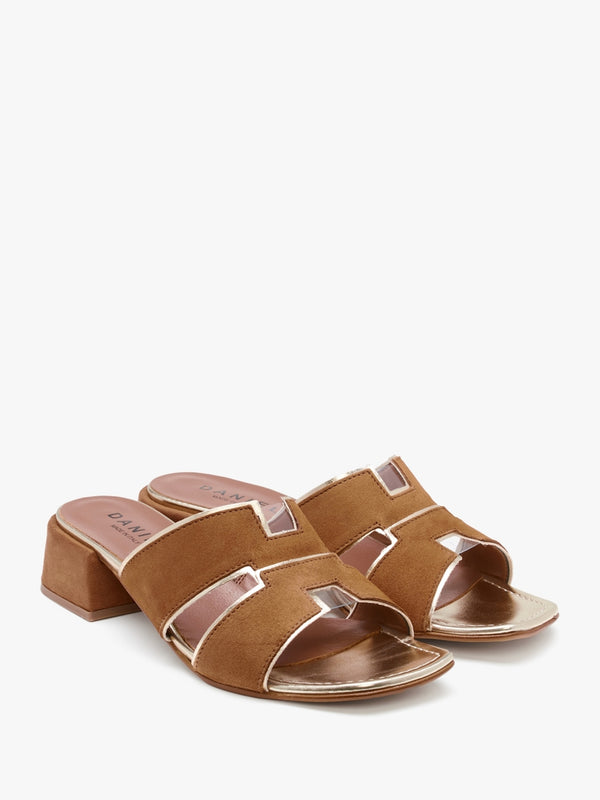 Luna Tan Suede Metallic Trim Block Heel Mules