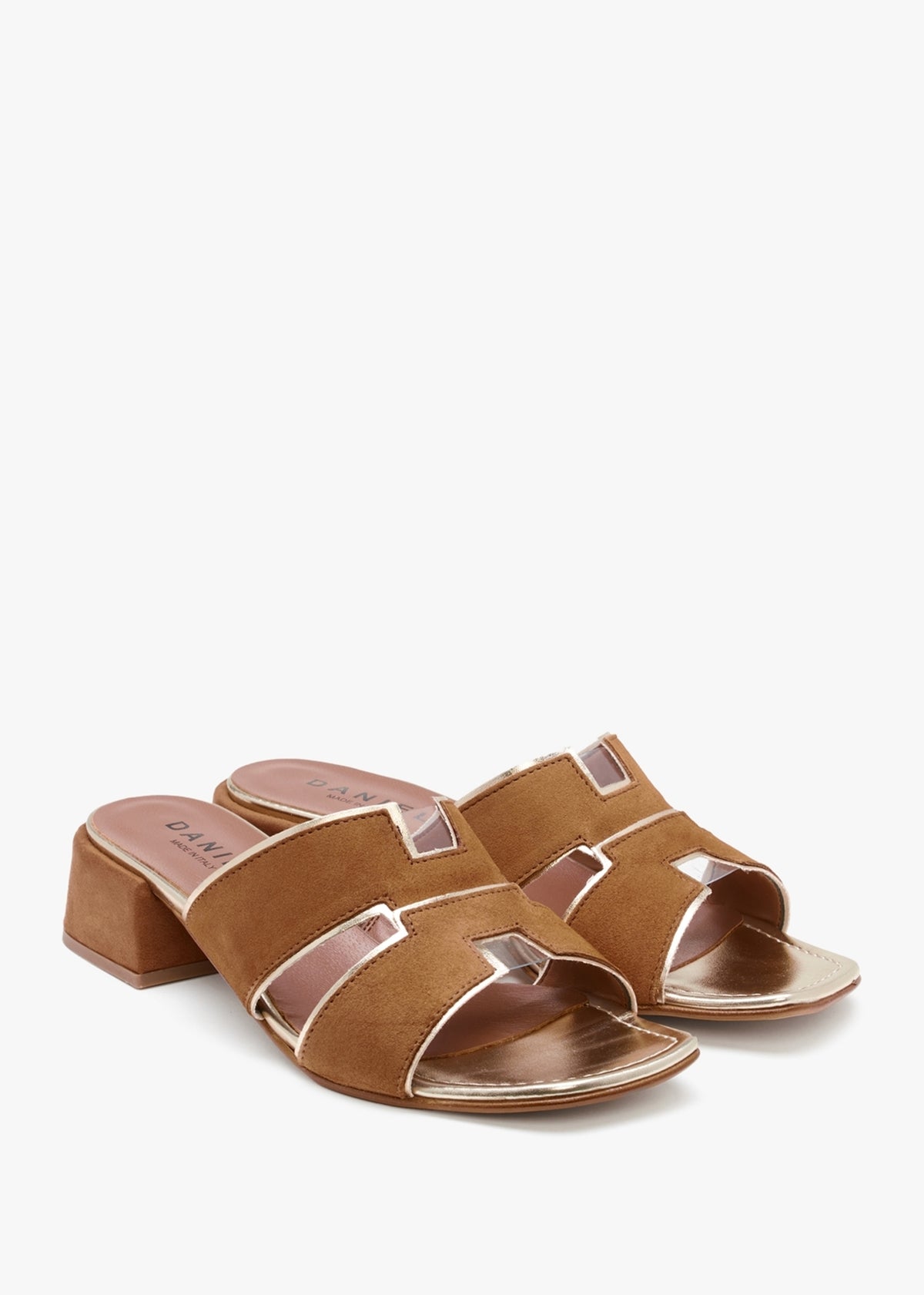 Luna Tan Suede Metallic Trim Block Heel Mules