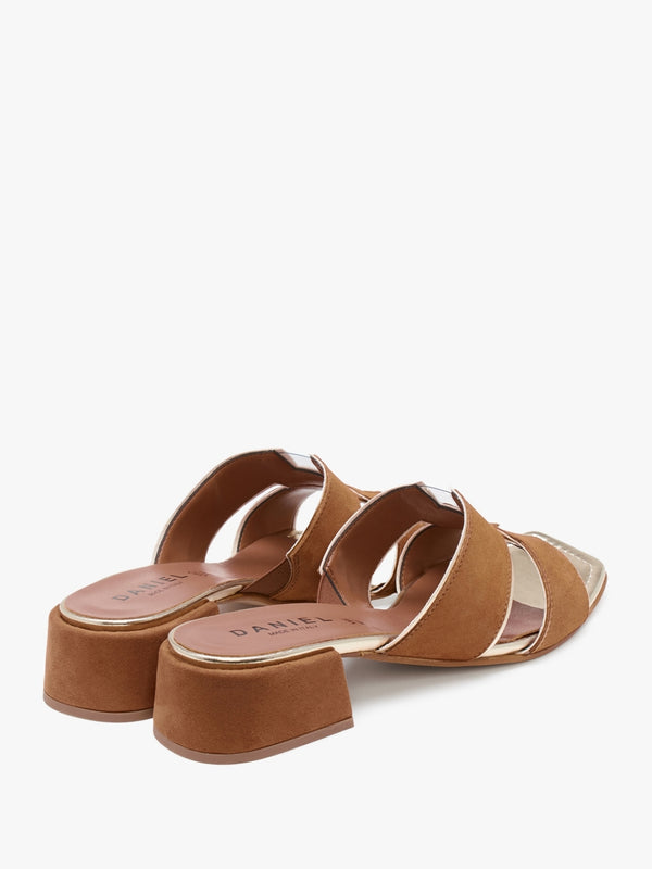 Luna Tan Suede Metallic Trim Block Heel Mules