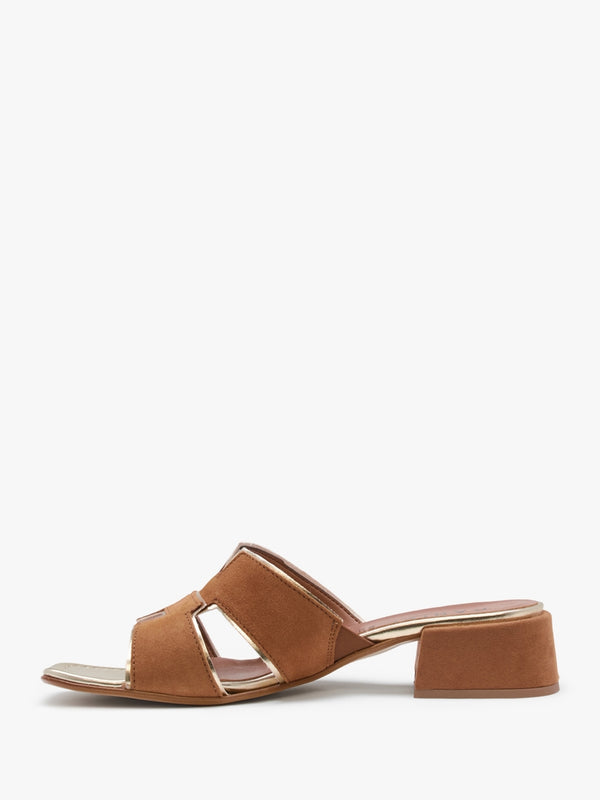 Luna Tan Suede Metallic Trim Block Heel Mules