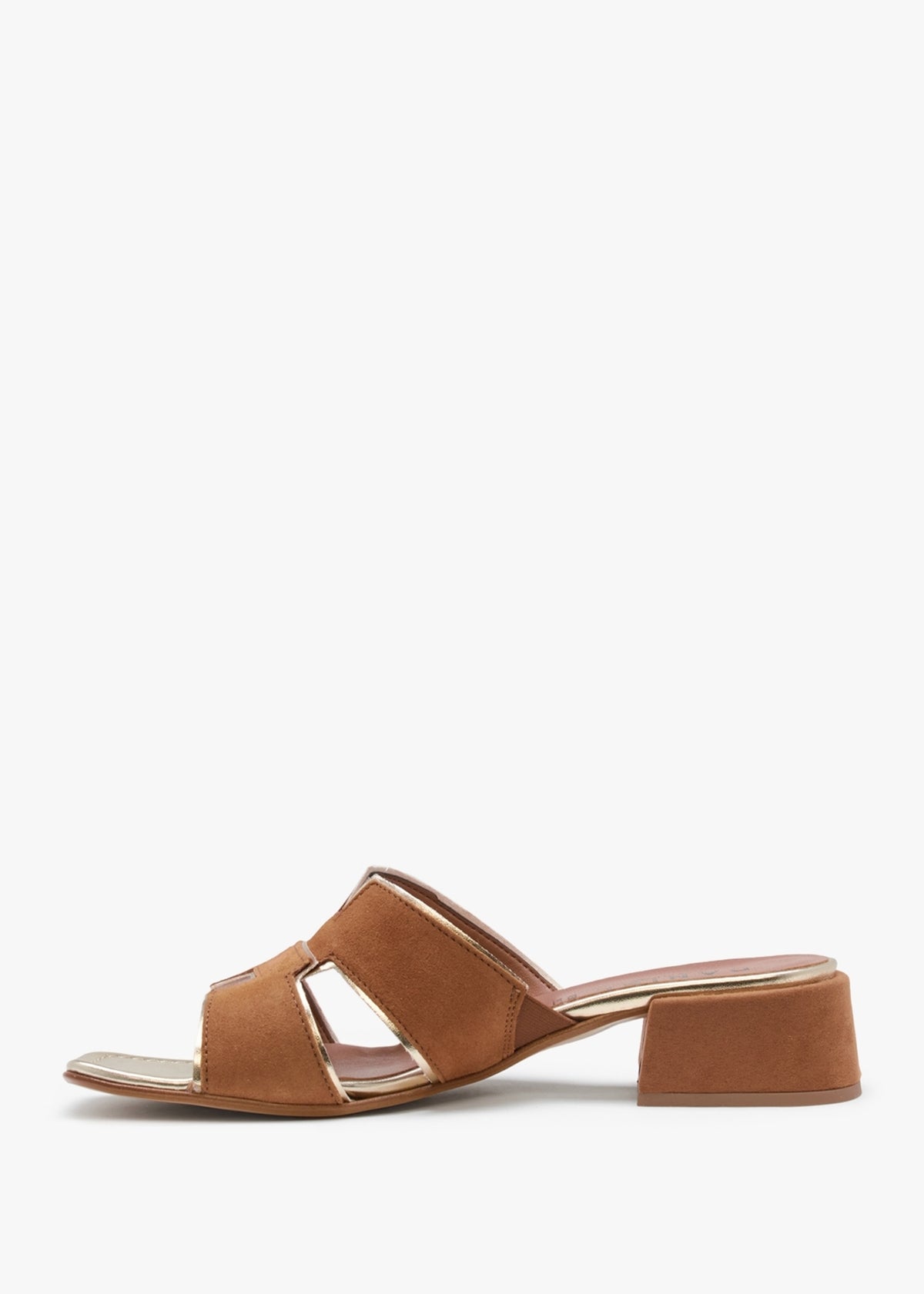 Luna Tan Suede Metallic Trim Block Heel Mules