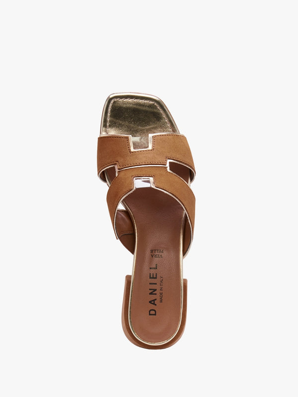 Luna Tan Suede Metallic Trim Block Heel Mules