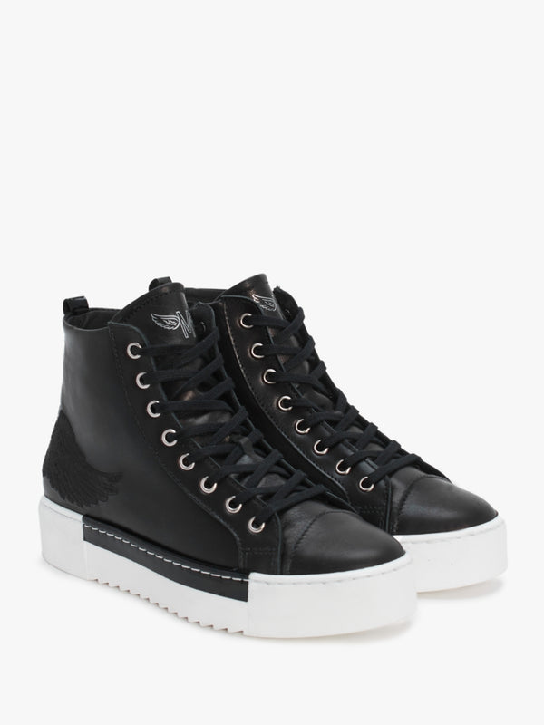 Angels Black Leather Black Wing High Top Trainers