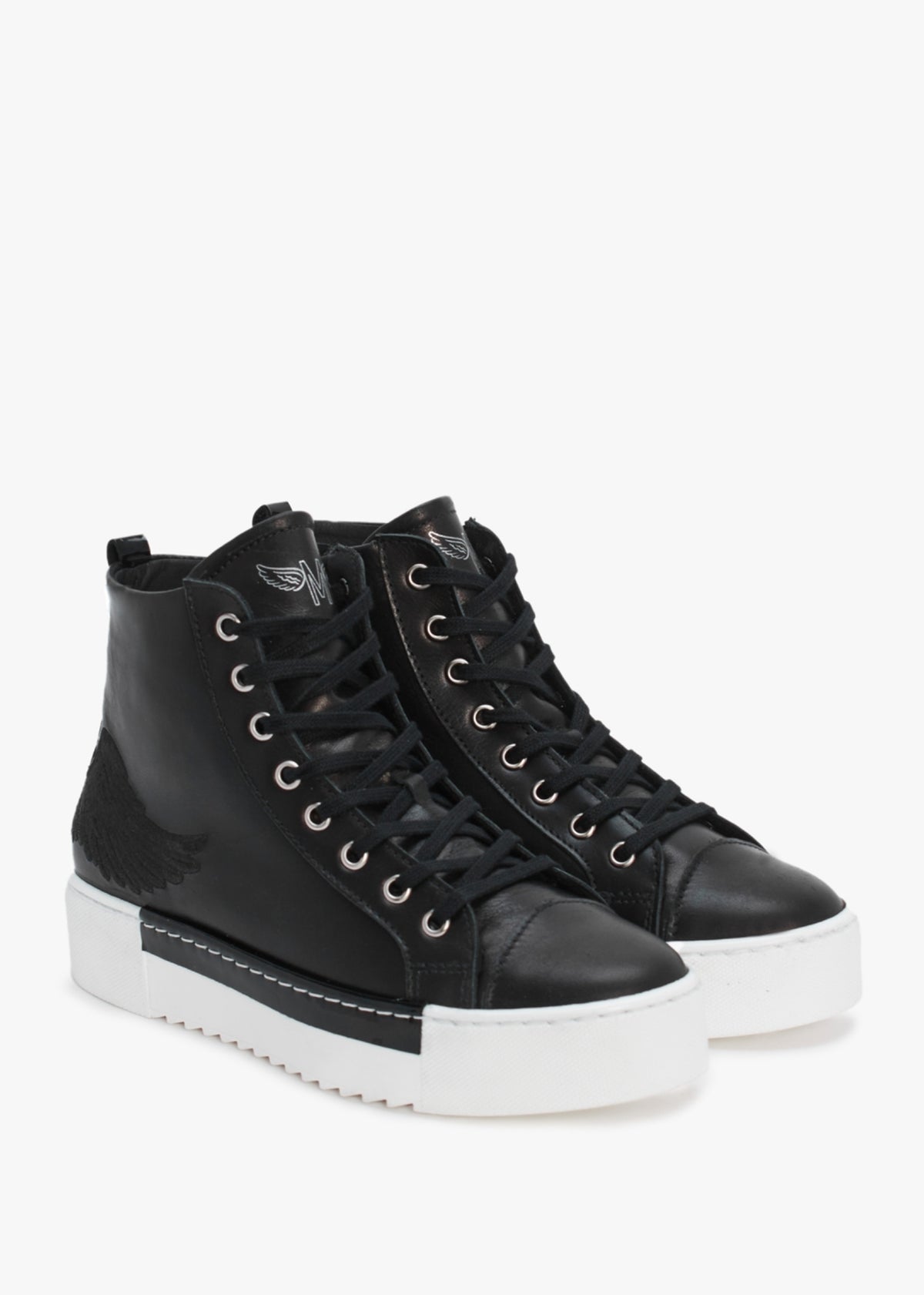 Angels Black Leather Black Wing High Top Trainers