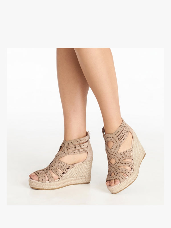 Kimmy Beige Suede Laser Cut Wedge Espadrilles