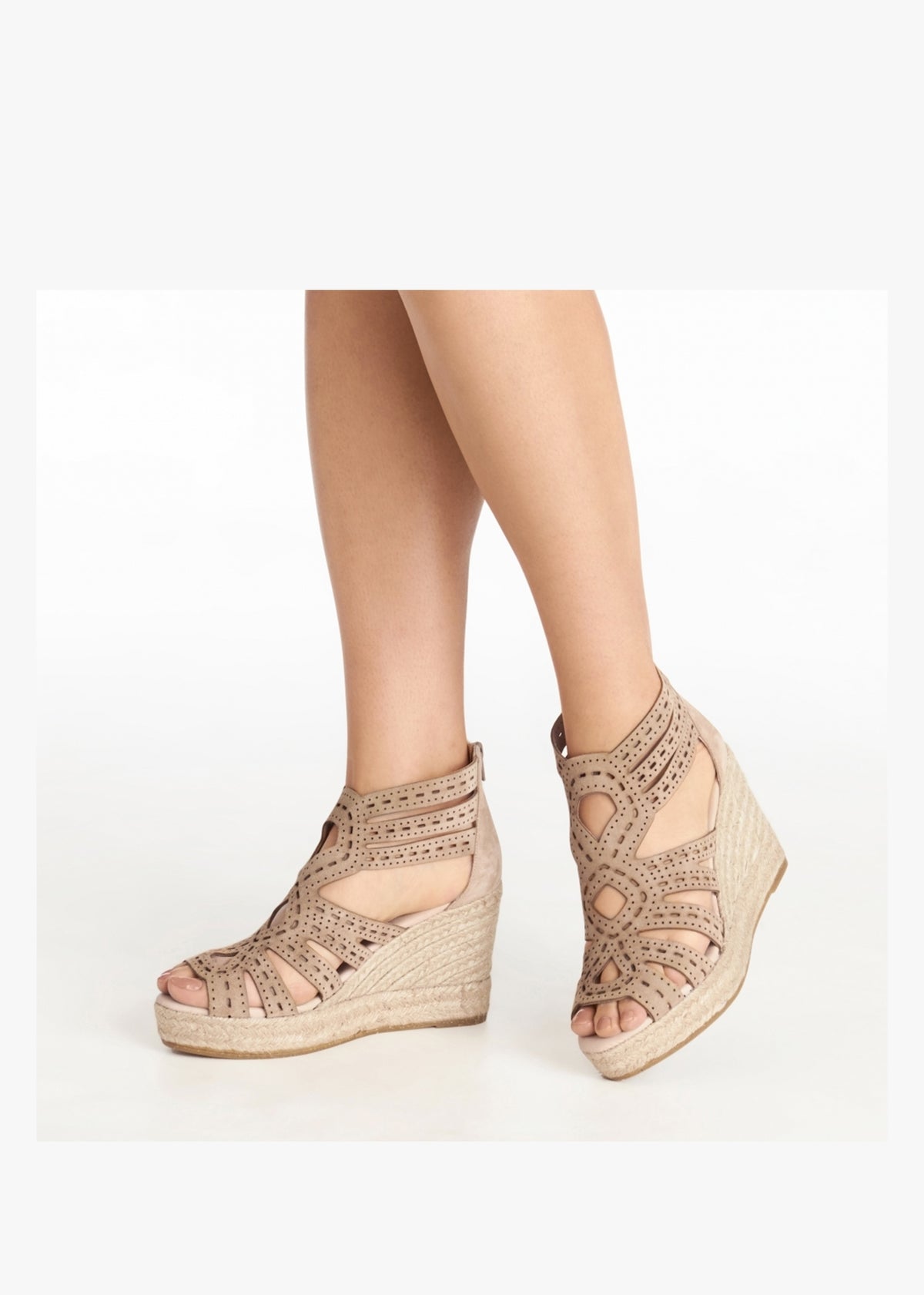 Kimmy Beige Suede Laser Cut Wedge Espadrilles