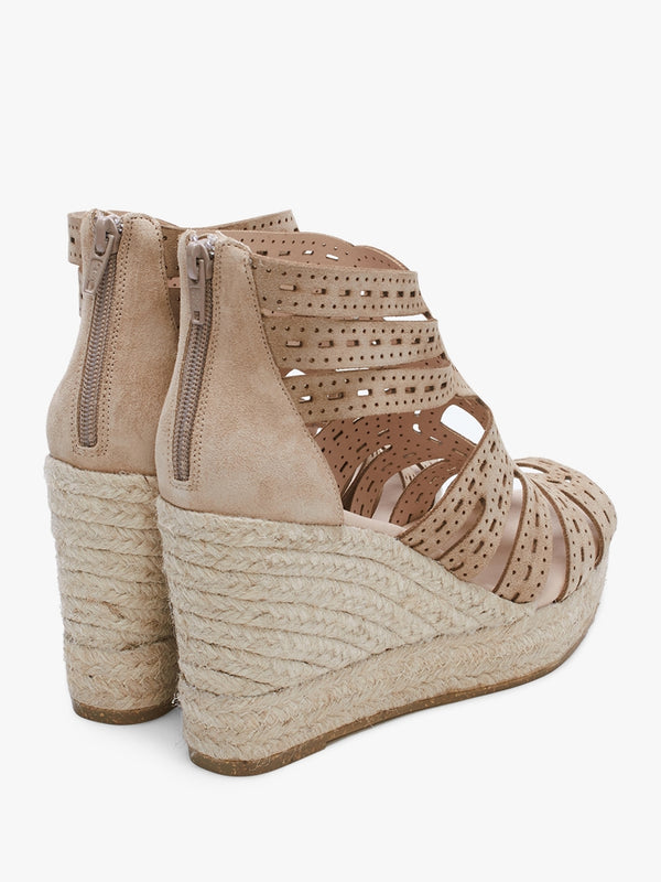Kimmy Beige Suede Laser Cut Wedge Espadrilles