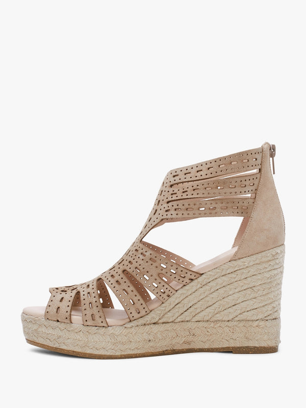 Kimmy Beige Suede Laser Cut Wedge Espadrilles