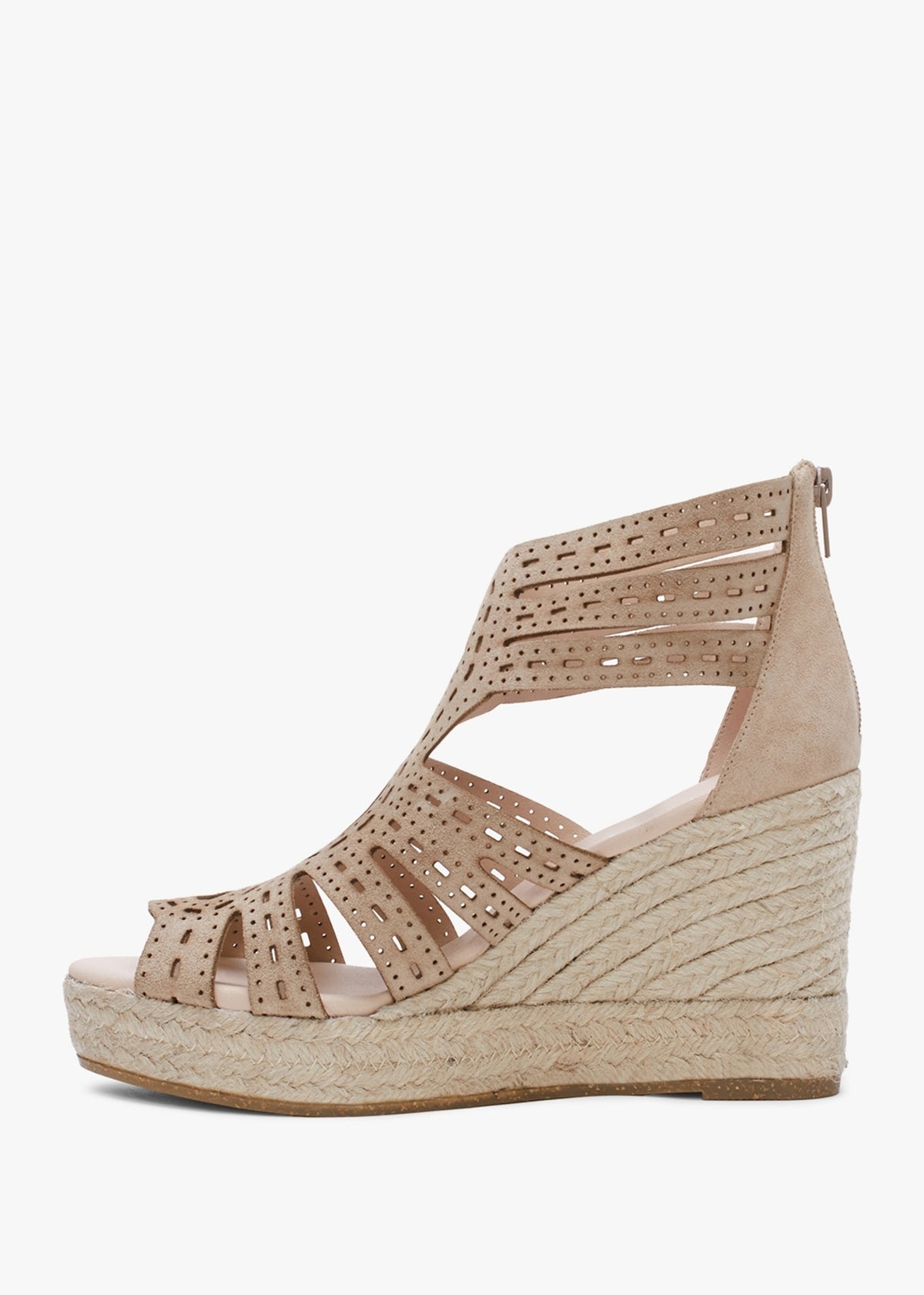 Kimmy Beige Suede Laser Cut Wedge Espadrilles