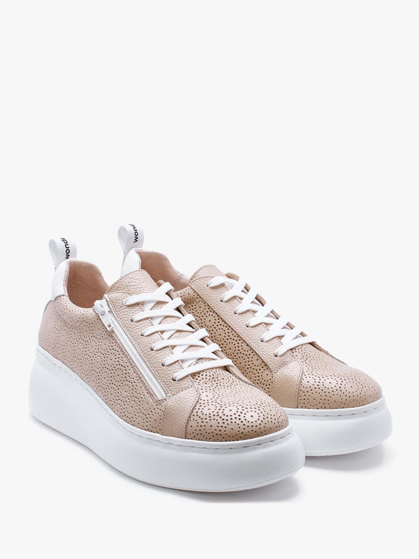 Aria Beige Leather Perforated Flatform Trainers
