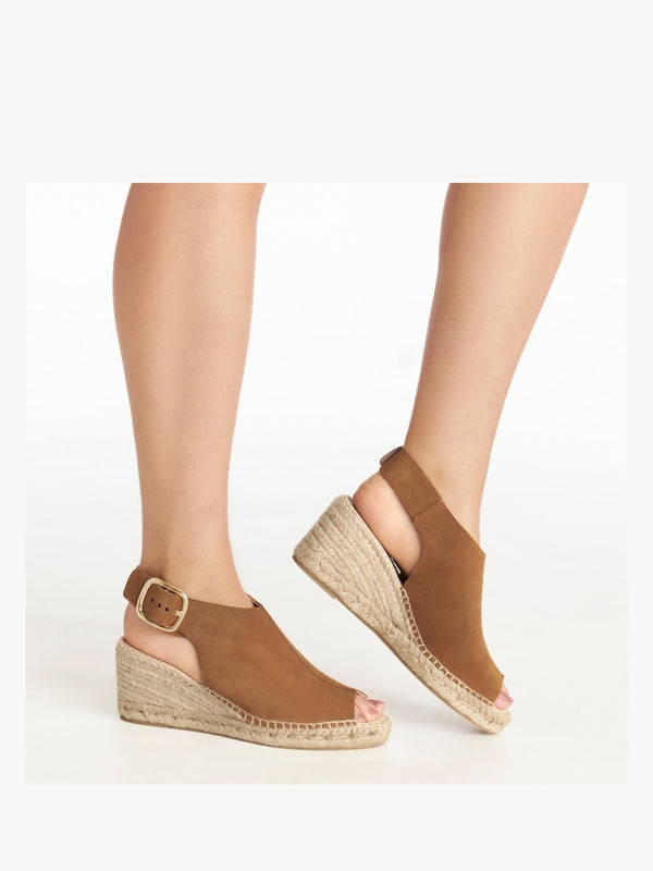 Kathie Tan Suede Peep Toe Sling Back Wedge Espadrilles
