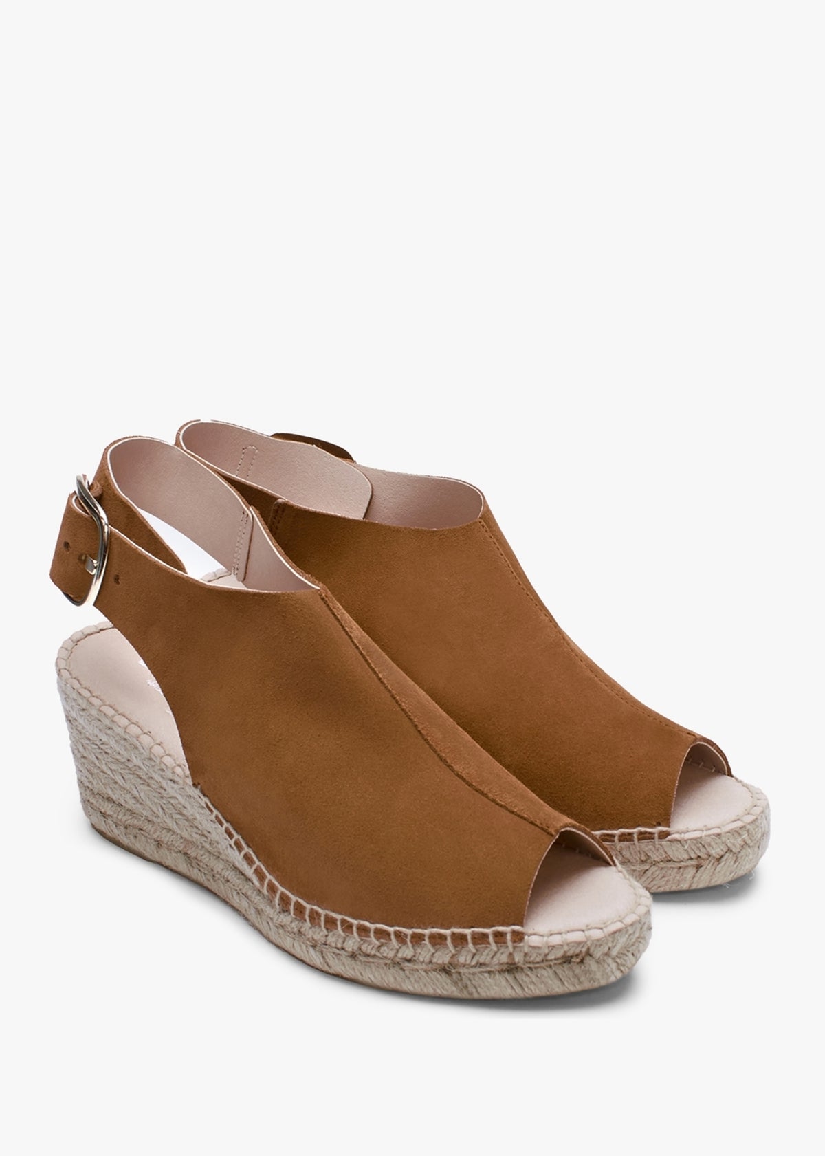 Kathie Tan Suede Peep Toe Sling Back Wedge Espadrilles